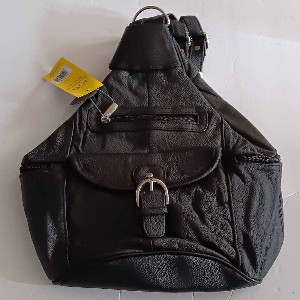 GENUINE COWHIDE LEATHER, 4 ZIPPER SLINGBACK BACKPACK, 15 X 12", BLACK